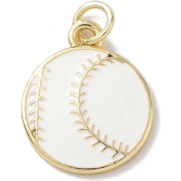 Brass Enamel Pendants, Baseball Charm, With Jump Ring, Rack Plating, Long-Lasting Plated, Lead Free & Cadmium Free, Real 18K Gold Plated, White, 17X4X2Mm, Hole: 3.3Mm-image