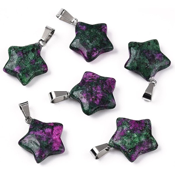 Sterne GefäRbt NatüRlichen Rubin In Zoisit AnhäNger, Mit Platinen Messing ZubehöR , 22-23X20-24X5-7 Mm, Bohrung: 2X7 Mm-image