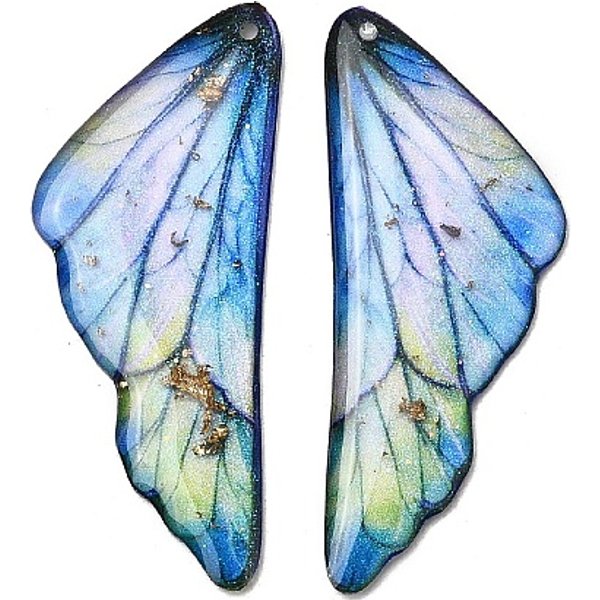 2Pcs Transparent Epoxy Resin Pendants, Wing, With Gold Foil, Cornflower Blue, 41X16.5X2Mm, Hole: 1.2Mm-image
