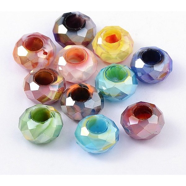 Glass European Beads, Large Hole Beads, No Metal Core, Faceted, Rondelle, Mixed Color, 14X8Mm, Hole: 5Mm-image