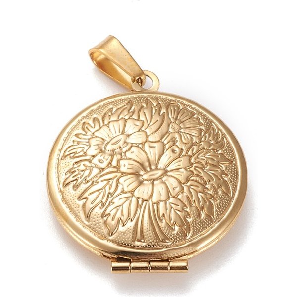 Ion Plating(IP) 316 Stainless Steel Locket Pendants, Photo Frame Charms for Necklaces, Flat Round with Flower, Real 18k Gold Plated, 32x27x6.5mm, Hole: 3x7mm, Inner Diameter: 19mm