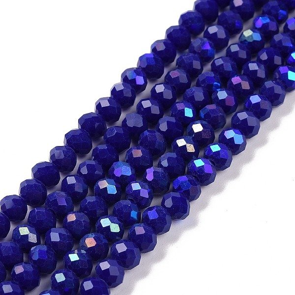Electroplate Opaque Solid Color Glass Beads Strands, Half Rainbow Plated, Faceted, Rondelle, Blue, 4X3Mm, Hole: 0.4Mm, About 123-127Pcs/Strand, 16.5-16.9 Inch(42-43Cm)-image