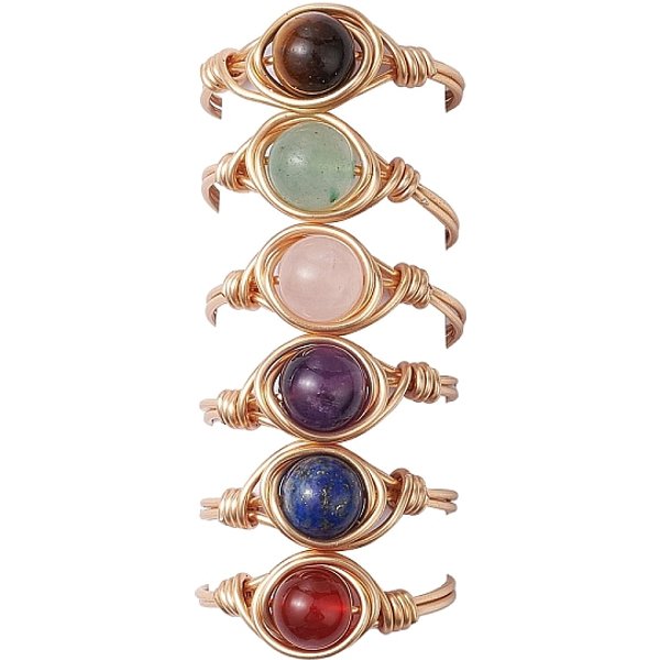 Round Natural Amethyst/Green Aventurine/Carnelian/Rose Quartz/Tiger Eye/Lapis Lazuli Braided Finger Ring, Copper Wire Wrap Jewelry For Women, 8Mm, Inner Diameter: 18Mm-image