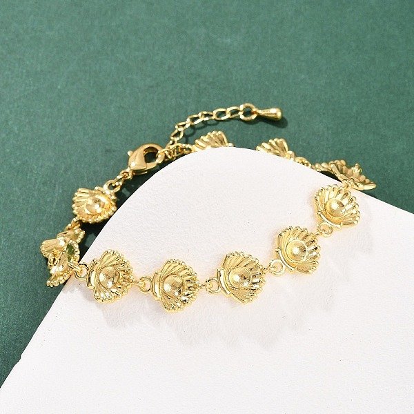 Braccialetti Di Collegamento In Ottone Per Le Donne, Placcato Di Lunga Durata, Placcatura Cremagliera, Vero Placcato Oro 18K, Forma A Conchiglia, 6-7/8 Pollice (17.5 Cm), Link: 11X14X3 Mm-image