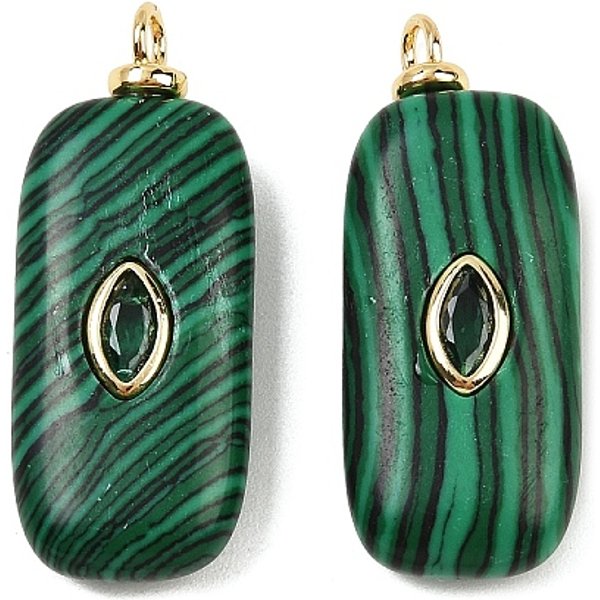 Synthetic Malachite Pendants, Rectangle Charms With Brass Micro Pave Cubic Zirconia Findings, Real 18K Gold Plated, Cadmium Free & Lead Free, Rack Plating, Long-Lasting Plated, 26-30X12-14X5.5-6Mm, Hole: 2.5Mm-image
