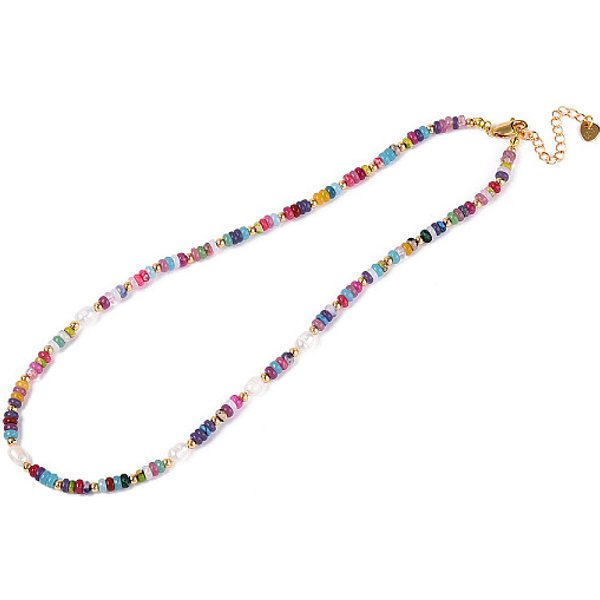 Rondell-Halsketten aus natürlichem Achat, Perlen und Messing für Damen, echtes 16k vergoldet, 15.94 Zoll (40.5 cm)