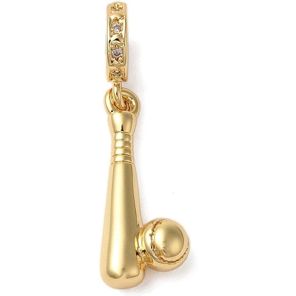 Rack Plating Brass Micro Pave Clear Cubic Zirconia European Dangle Charms, Baseball Bat & Ball Large Hole Charms, Cadmium Free & Lead Free, Long-Lasting Plated, Real 18K Gold Plated, 28mm, Hole: 4.5mm