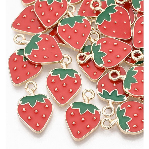 Alloy Enamel Pendants, Light Gold, Strawberry, Red, 20.5x13x2mm, Hole: 2mm