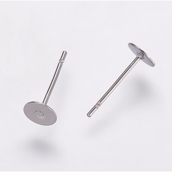Non-Tarnish 304 Stainless Steel Stud Earring Settings, Flat Pad Earring Post, Flat Round, Stainless Steel Color, Tray: 5Mm, 12X5Mm, Pin: 0.7Mm-image