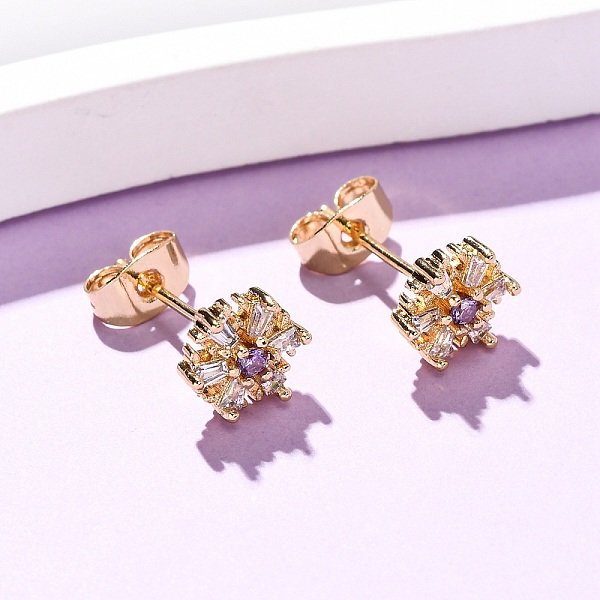 Schneeflocken-Ohrstecker Aus Messing Mit Mikropavé Und Zirkonia, Echtes 16K Vergoldet, 7X7 Mm-image