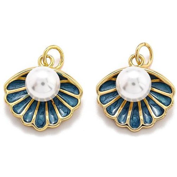 Colgantes De Esmalte De LatóN, Con Cuenta De Concha Y Anillo De Salto, Plateado De Larga DuracióN, Real 18K Chapado En Oro, Shell Forma, Azul Marino, 15.5X15.3X8Mm, Agujero: 3.8 Mm-image