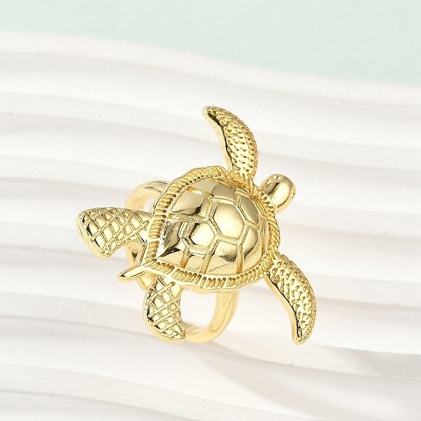 Anillos De LatóN Con Forma De Tortuga Marina Para Mujer, Sin Plomo Y Cadmio, Real 18K Chapado En Oro, Bandeja: 27.5X30.5 Mm, DiáMetro Interior: Ajustable-image