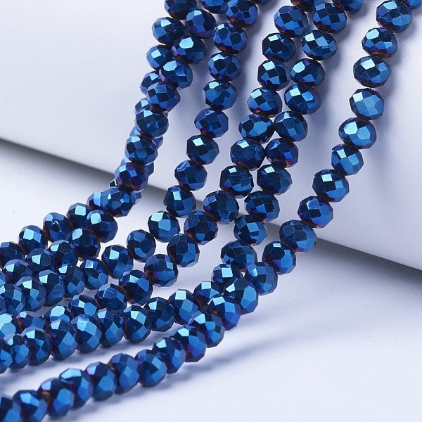 Electroplate Transparent Glass Beads Strands, Full Plated, Faceted, Rondelle, Blue Plated, 4X3Mm, Hole: 0.4Mm, About 110-115Pcs/Strand, 39-40Cm-image
