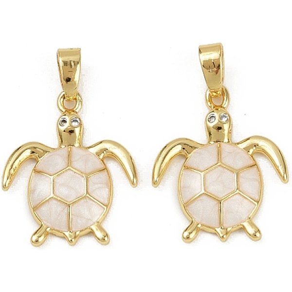 Brass Micro Pave Cubic Zirconia Pendants, Cadmium Free & Lead Free, With Enamel, Sea Turtle, Real 18K Gold Plated, White, 18X15X2.5Mm, Hole: 5X2.3Mm-image
