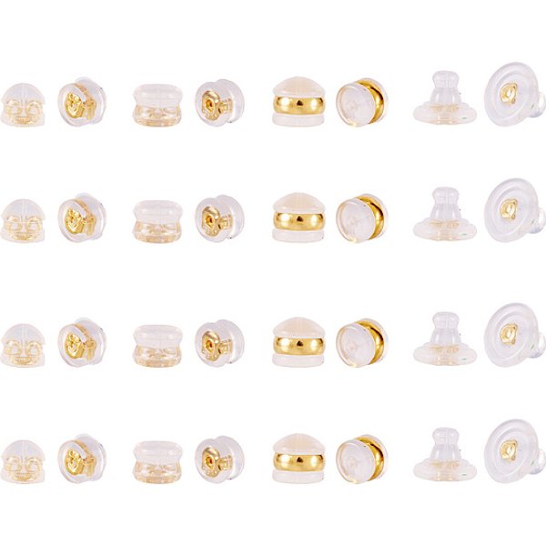 24 Pz 4 Stili Di Dadi Per Orecchini In Ottone, Con Le Noci Auricolari Di Plastica, Dadi Auricolari In Ottone E Silicone, Vero Placcato Oro 18K, 5-7.5X4.5-9.5Mm, Foro: 0.7-1 Mm, 6Pcs / Style-image
