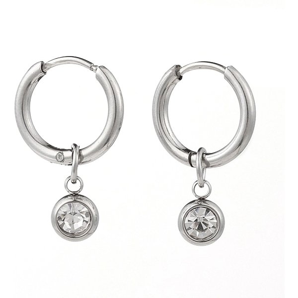 Orecchini A Cerchio Huggie In Acciaio Inossidabile 304, Con Ciondoli Strass Portafortuna, Rotondo E Piatto, Cirstallo, Colore Acciaio Inossidabile, 22Mm, Ago :1Mm-image