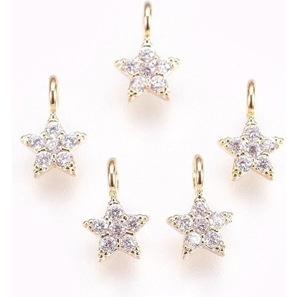 Brass Micro Pave Cubic Zirconia Charms, Nickel Free, Star, Clear, Real 18K Gold Plated, 8X5X1.5Mm, Hole: 1.8Mm-image