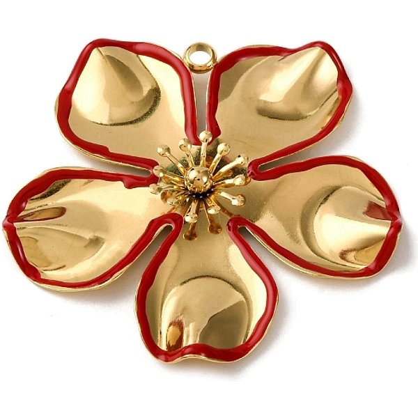 Colgantes de esmalte de acero inoxidable 304, charms de la flor, Recubrimiento al vacío PVD, real 18k chapado en oro, rojo, 54x55.5x5.5mm, agujero: 3.2 mm
