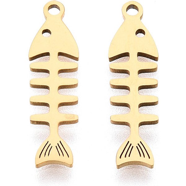 201 Stainless Steel Pendants, Fishbone, Laser Cut, Ion Plating(Ip), Real 18K Gold Plated, 19X5X1Mm, Hole: 1.2Mm-image