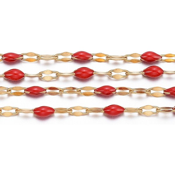 Ion Plating(Ip) 304 Stainless Steel Link Chains, With Spool, With Enamel, Soldered, Golden, Red, 4-10X2X0.4-2Mm, About 32.8 Feet(10M)/Roll-image