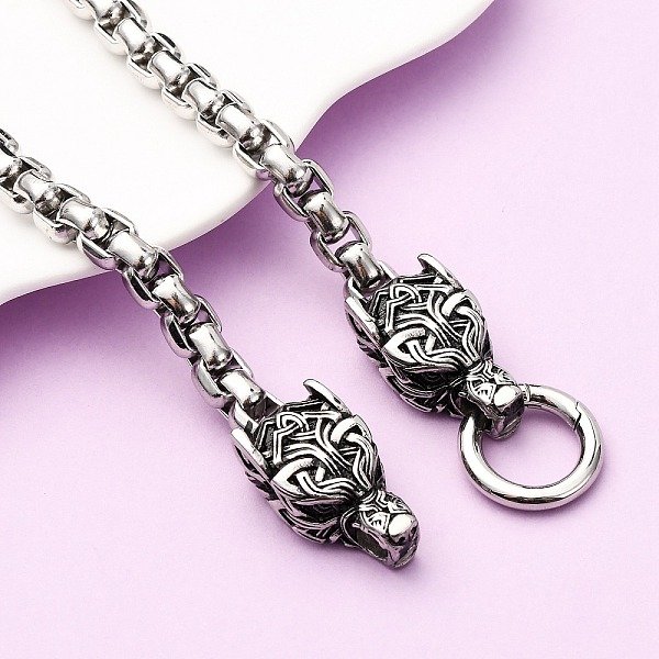 304 Stainless Steel Double Wolf Head Pendant Box Chain Necklaces, Antique Silver & Stainless Steel Color, 23.94 inch(60.8cm)