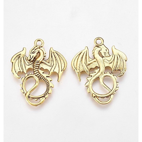 Tibetischer Stil Aluminium AnhäNger & Charms, Drachen, Antik Golden, 35X27X3 Mm, Bohrung: 2.5 Mm-image