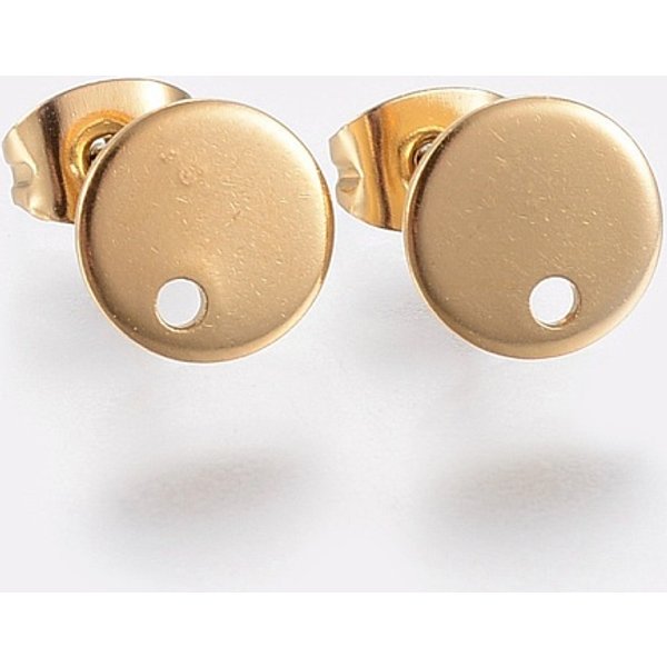 Ion Plating(Ip) 304 Stainless Steel Stud Earring Findings, With Loop And Flat Plate, Ear Nuts/Earring Backs, Flat Round, Golden, 10X1Mm, Hole: 1.2Mm, Pin: 0.8Mm-image