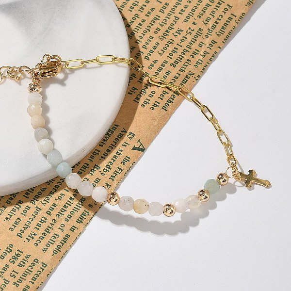 Bracelets avec breloque, avec des perles d'amazonite de fleurs naturelles, Breloques en forme de croix en acier inoxydable 304, chaînes de trombones en laiton et perles rondes, 7-5/8 pouce (19.3 cm)
