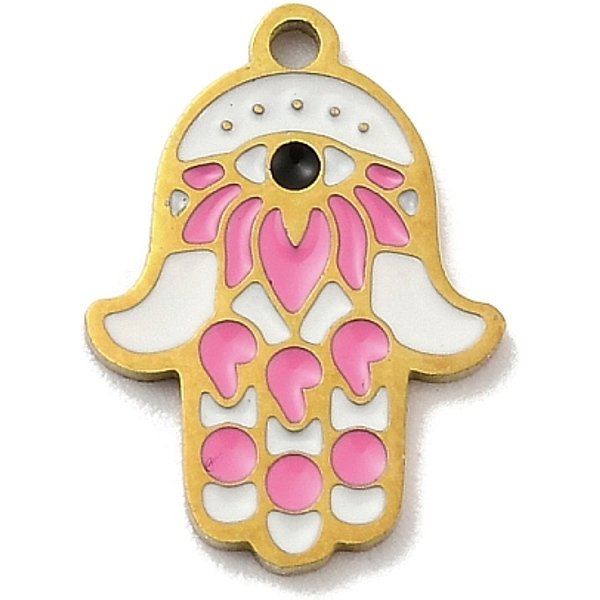 304 Stainless Steel Pendants, With Enamel, Hamsa Hand, Real 18K Gold Plated, Cadmium Free & Nickel Free & Lead Free, Pearl Pink, 16X12X1Mm, Hole: 1.2Mm-image