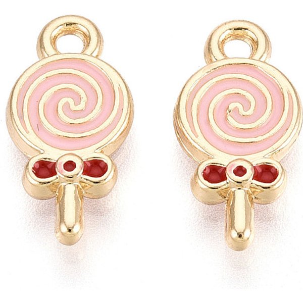 Colgantes De Esmalte De AleacióN De Tono Dorado Claro, Encanto De Piruleta, Sin Plomo Y NíQuel Y Cadmio, Chapado En Rack, Rosa, 16X8X2.5Mm, Agujero: 1.6 Mm-image