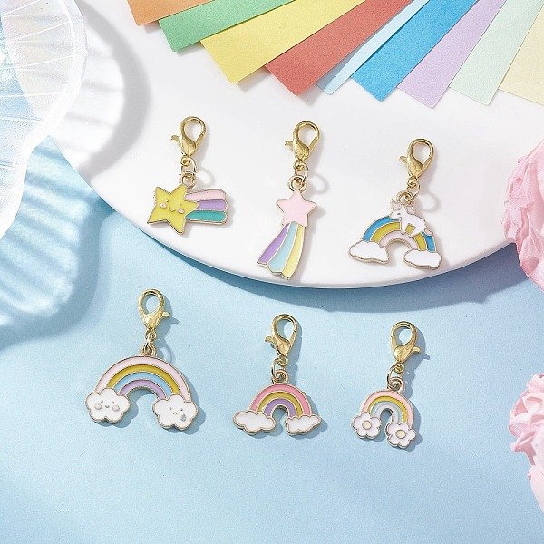 Decorazioni Pendenti In Lega Smaltata Arcobaleno, Con Fermagli Di Lobster Claw In Lega, Oro, 28-37Mm, 6 Pc / Set-image