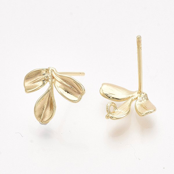 Brass Stud Earring Findings, With Loop, Real 18K Gold Plated, Nickel Free, Leaf, 10X12Mm, Hole: 1Mm, Pin: 0.8Mm-image
