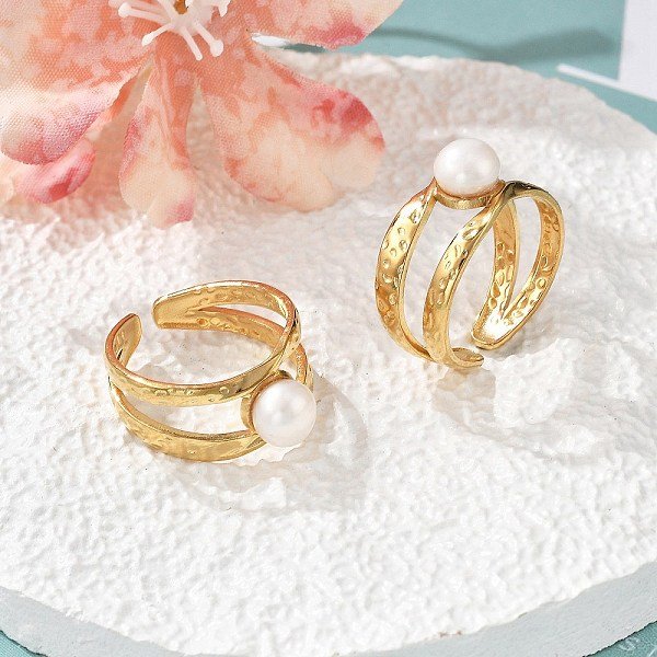 304 Stainless Steel Cuff Rings, With Freshwater Pearl Beads, Ion Plating(Ip), Real 18K Gold Plated, 10Mm, Inner Diameter: 17.5Mm-image