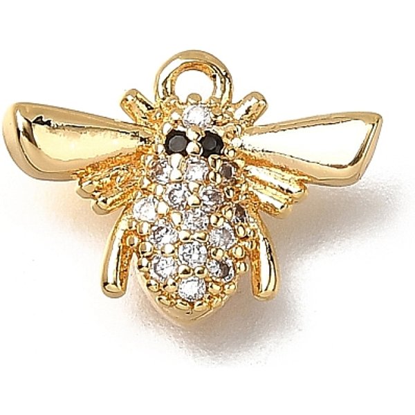 Adornos De LatóN Micropavé De Circonia CúBica, Abejas, Plateado De Larga DuracióN, Sin NíQuel, Real 18K Chapado En Oro, Claro, 9.5X13X3Mm, Agujero: 1 Mm-image