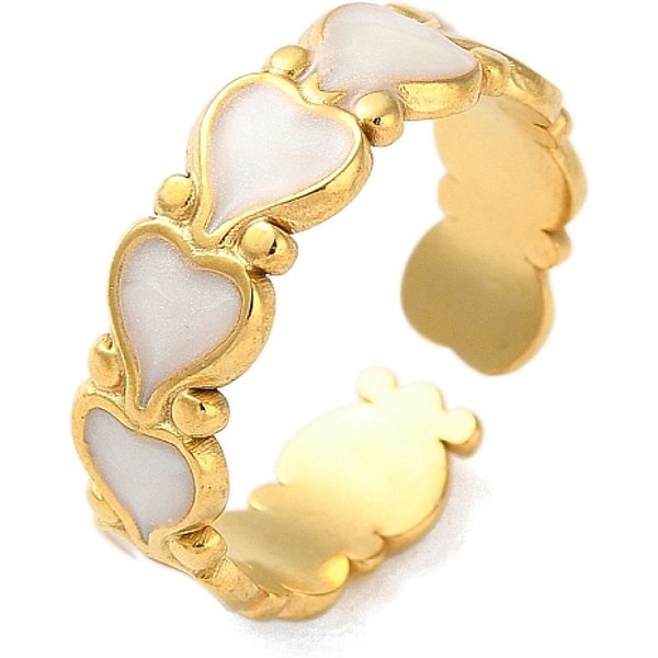304 Stainless Steel Enamel Cuff Rings, Heart, Real 18K Gold Plated, 6Mm, Adjustable-image
