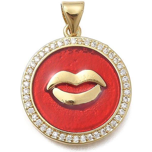 Brass Micro Pave Cubic Zirconia Pendants, Round With Mouth, With Enamel, Real 18K Gold Plated, Cadmium Free & Lead Free, Rack Plating, Long-Lasting Plated, Round, 21.5X19X2.5Mm, Hole: 3.5X4Mm-image