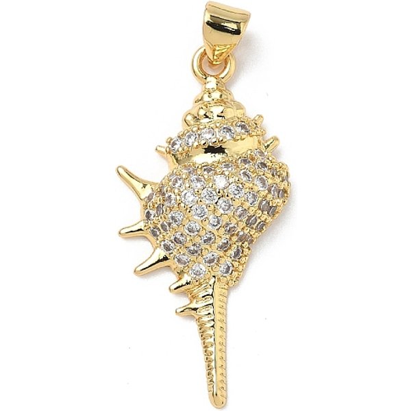 Brass Micro Pave Cubic Zirconia Pendants, Real 18K Gold Plated, Shell Shape, 33.5X15.5X5.5Mm, Hole: 4.5X3.5Mm-image
