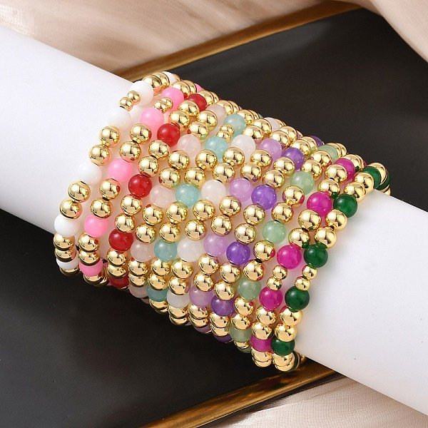 Brass & Glass Round Beaded Stretch Bracelets For Women, Rack Plating, Lead Free & Cadmium Free, Long-Lasting Plated, Real 18K Gold Plated, Mixed Color, Inner Diameter: 2 Inch(5.1Cm)-image