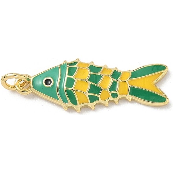 Sea Animals Brass Enamel Pendants, Rack Plating, Cadmium Free & Lead Free, Long-Lasting Plated, With Jump Ring, Real 18K Gold Plated, Green, 27X10X3Mm, Hole: 3.5Mm-image