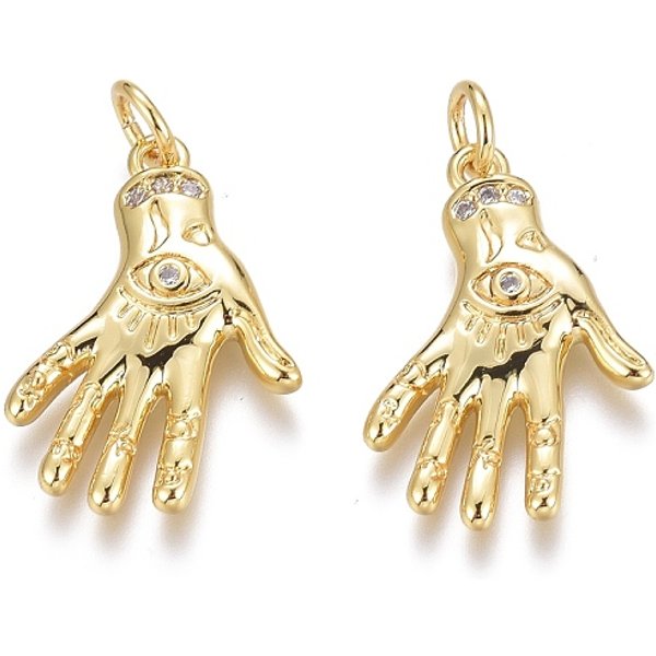 Pendenti In Zirconi Cubici Trasparenti In Micro Pavè Di Ottone, Placcato Di Lunga Durata, Vero Placcato Oro 18K, Con Anelli Di Salto, Mano Con Gli Occhi, 21X14X3Mm, Foro: 3 Mm, Anello Di Salto: 5X1 Mm-image
