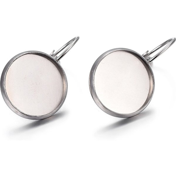 Tarnish Resistant 304 Stainless Steel Leverback Earring Settings, Flat Round, Stainless Steel Color, Tray: 14Mm, 27X16X13.5Mm, Pin: 0.7Mm-image