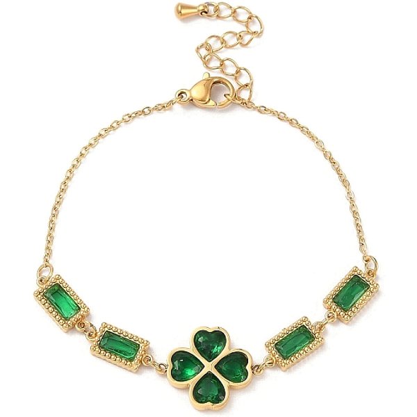Pulsera Con Eslabones De TréBol Y RectáNgulo De Circonita CúBica, Cadenas De Eslabones De Acero Inoxidable 304 Con Revestimiento IóNico (Ip) Dorado, Verde Oscuro, 6-5/8 Pulgada (16.8 Cm)-image
