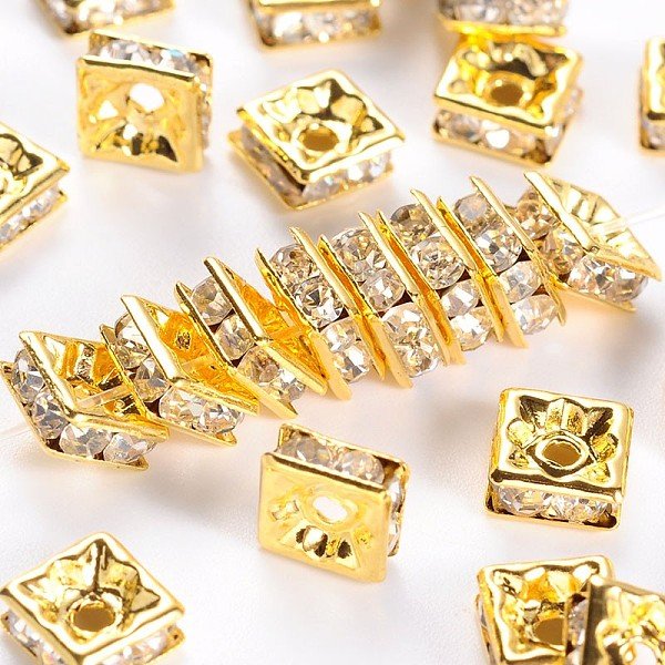 Messing Strass Zwischen Perlen, Klasse A, Viereck, Nickelfrei, Golden, Kristall, 6X6X3 Mm, Bohrung: 1 Mm-image