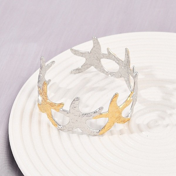 304 Stainless Steel Cuff Bangles For Women, Starfish, Ion Plating(Ip), Textured, Golden & Stainless Steel Color, 1-1/8 Inch(2.75Cm), Inner Diameter: 2-1/8 Inch(5.3Cm)-image