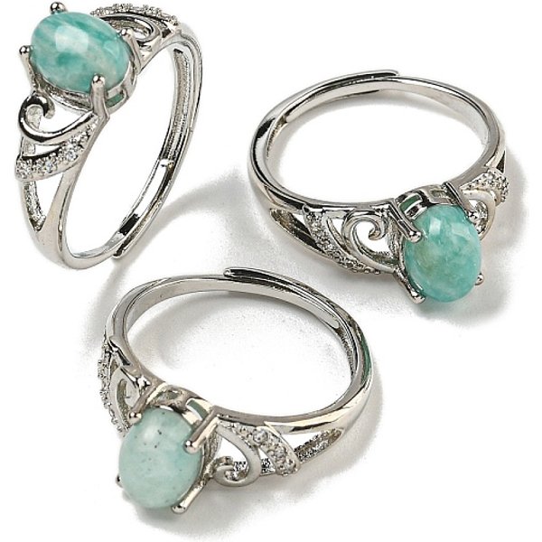 Anneaux RéGlables Ovales En Amazonite Naturelle, Bague En Laiton Et Zircone Cubique Transparente Pour Femme, Plaqué Longue DuréE, Sans Plomb Et Sans Cadmium, Platine, DiamèTre IntéRieur: 18 Mm-image