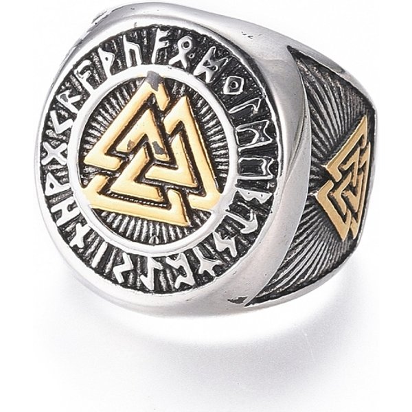 Siegelringe aus 304 Edelstahl für Herren, Breitbandringe, Wikinger Valknut-Symbol, antikem Silber & antike Gold, Größe 7-12, 17-22 mm