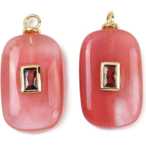 Cherry Quartz Glass Pendants, Rectangle Charms With Brass Micro Pave Cubic Zirconia Findings, Real 18K Gold Plated, Cadmium Free & Lead Free, Rack Plating, Long-Lasting Plated, 26-30X12-14X5.5-6Mm, Hole: 2.5Mm-image