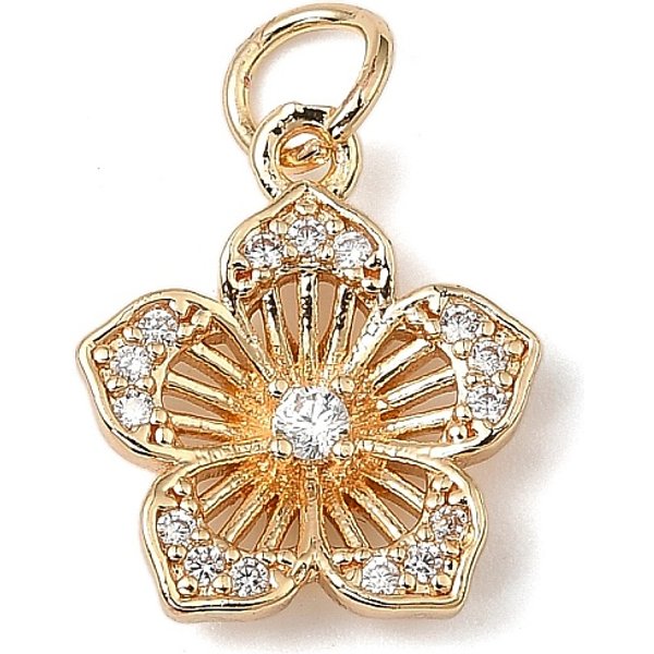 Brass Micro Pave Cubic Zirconia Charms, Real 14K Gold Plated, With Jump Ring, Flower, 14.5X12.5X3Mm, Hole: 3.5Mm-image