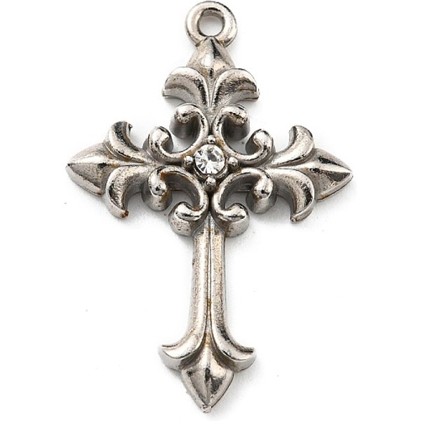 304 Stainless Steel With Rhinestone Pendants, Cross Charms, Stainless Steel Color, 28X18.5X3.5Mm, Hole: 1.4Mm-image