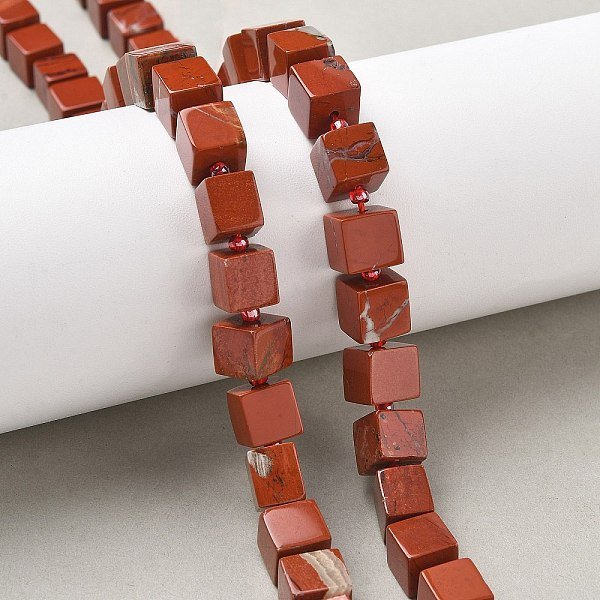 Natural Red Jasper Beads Strands, Cube, With Seed Beads, 8-8.5X8-8.5X8-8.5Mm, Hole: 1.2Mm, About 38-39Pcs/Strand, 14.96''(38Cm)-15.35''(39Cm)-image